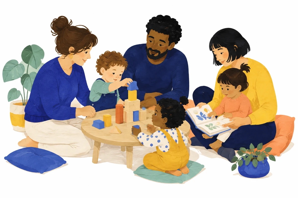 Parents et professionnelle accompagnent trois enfants autour d’un livre et de jeux de construction.
